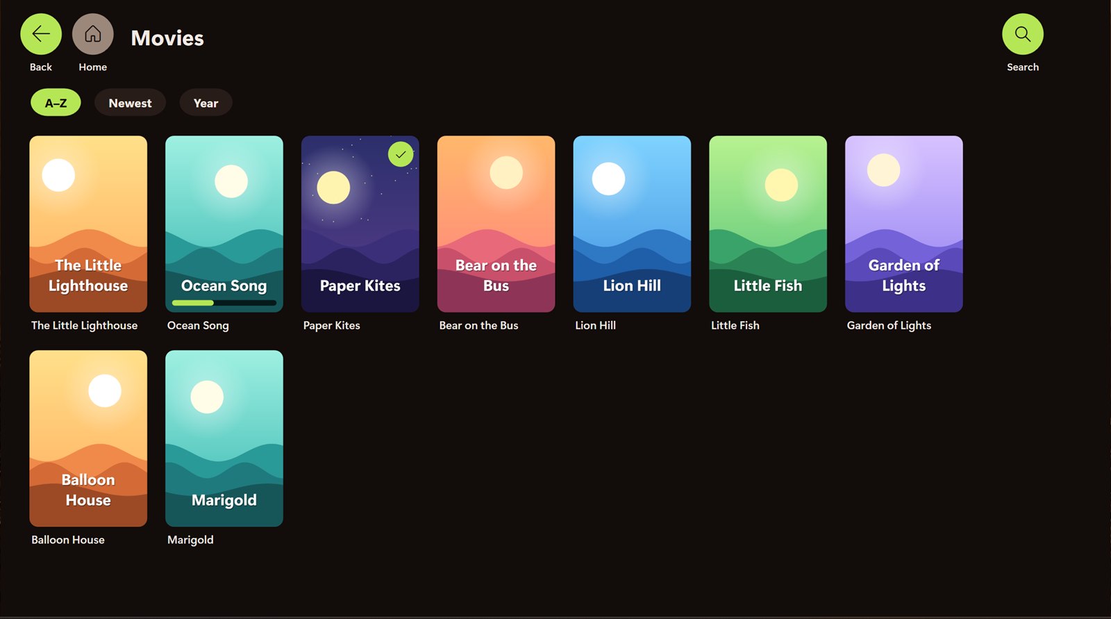 A library in Full mode with sorting by A–Z, Newest and Year