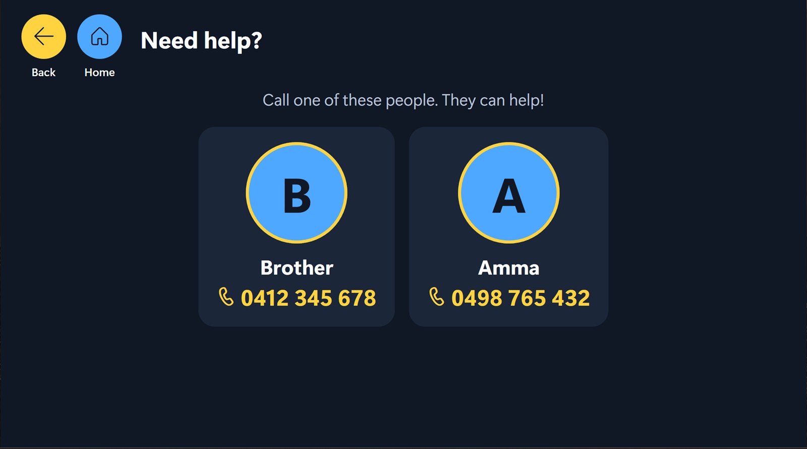 Need help? screen with two people to call and their phone numbers