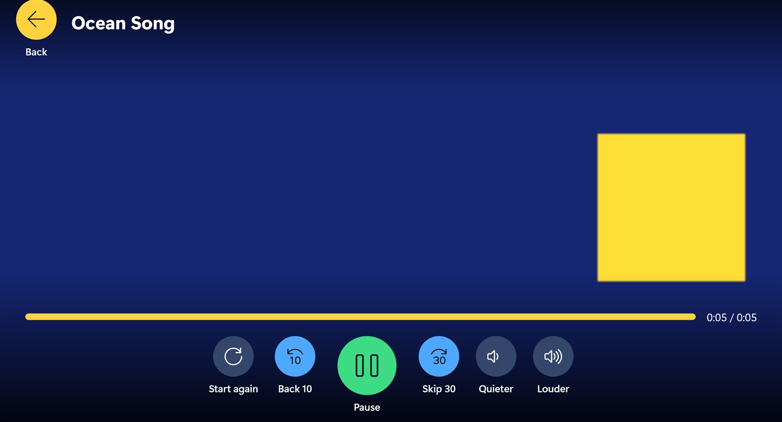 The player with big Start again, Back 10, Pause, Skip 30, Quieter and Louder buttons