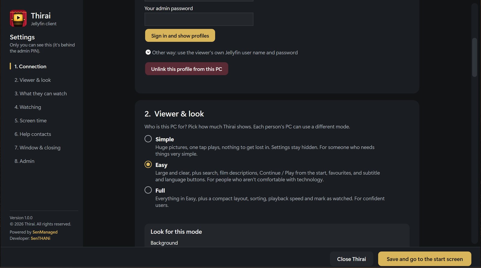 Settings: choosing Simple, Easy or Full and the look