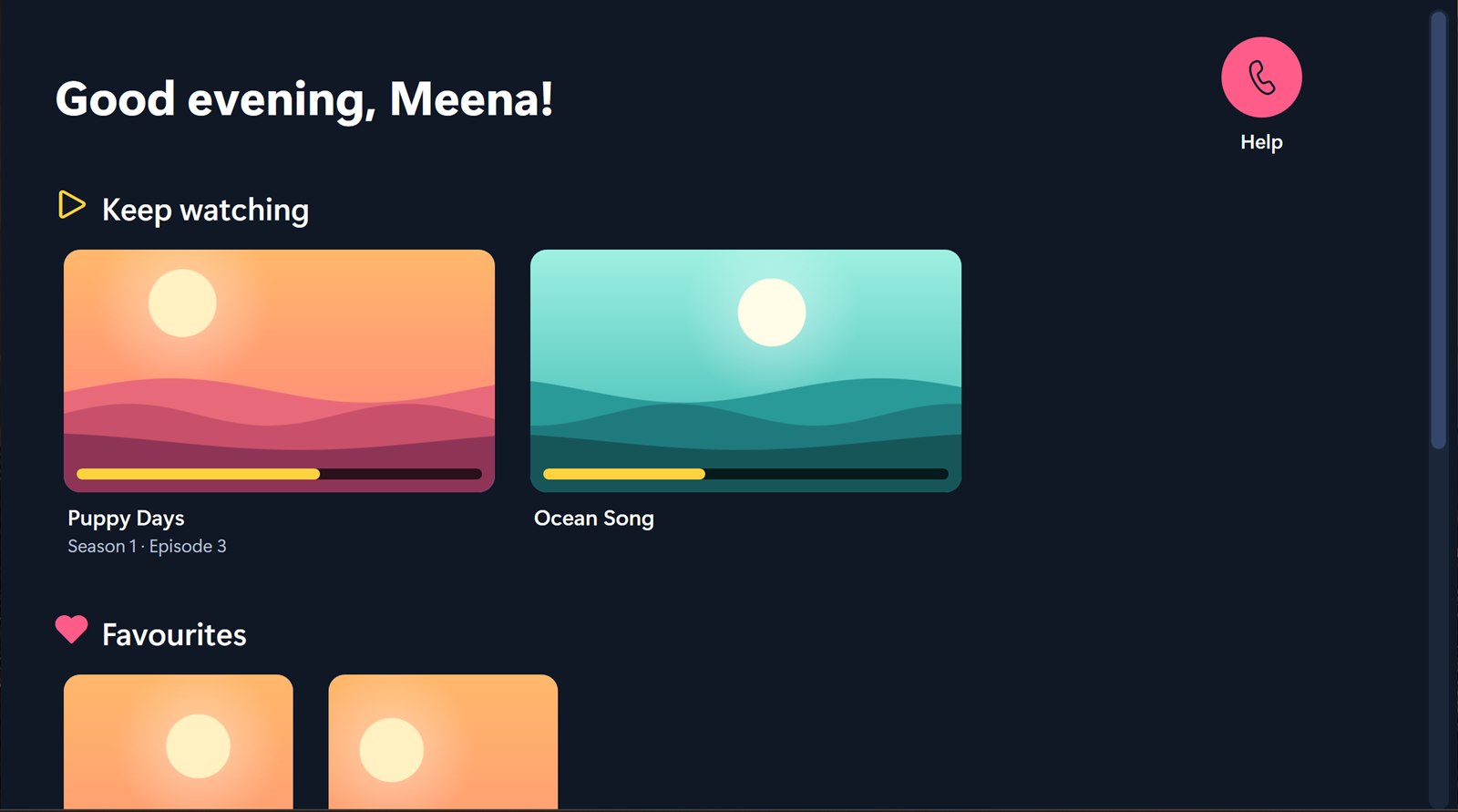 Thirai's start screen in Simple mode: Good evening, Meena! with big Keep watching and Favourites pictures